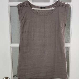 Linen Blend Crochet Shoulder Tank Top - Taupe